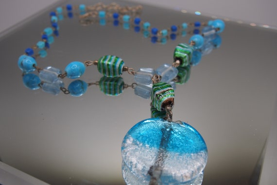 Green and Blue Art Glass Bead Pendant Necklace - image 5