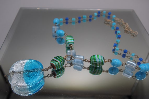 Green and Blue Art Glass Bead Pendant Necklace - image 1