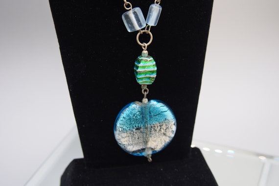 Green and Blue Art Glass Bead Pendant Necklace - image 4
