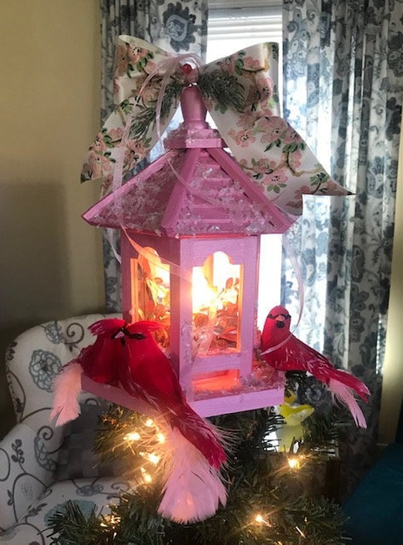 Lighted Birdhouse Treetopper Featuring 4 Cardinals and Satin Bow and