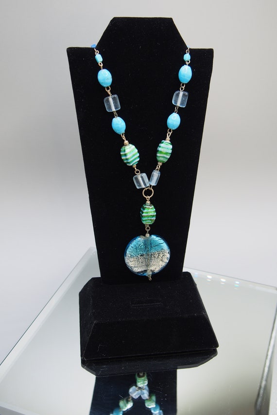 Green and Blue Art Glass Bead Pendant Necklace - image 2