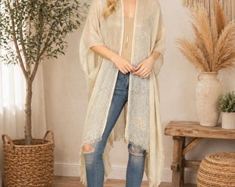 Beige GLITTERED FRINGED Open Front Kimono Bohemian Hippie Cover-Ups cardigan