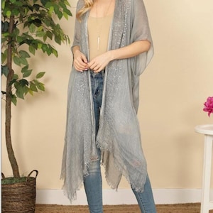 Gray GLITTERED FRINGED Open Front Kimono Bohemian Hippie Cover-Ups cardigan