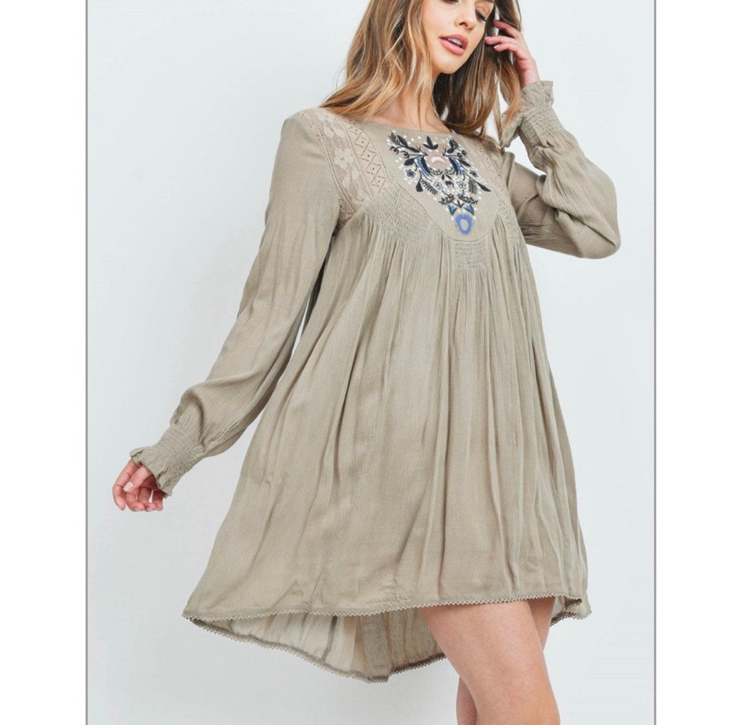 Boho Style Dress Tunic Embroidered Taupe Color