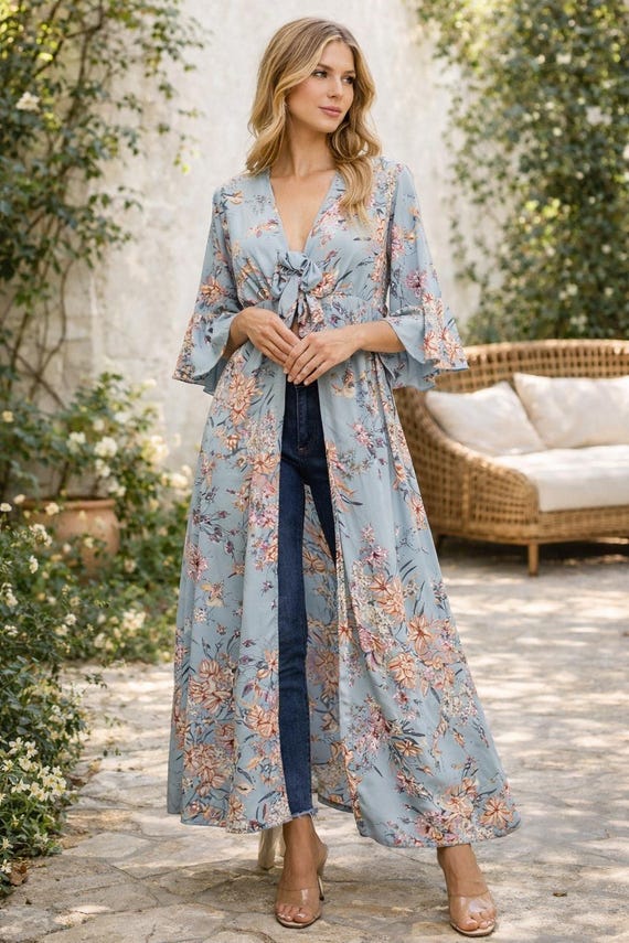 Blue Floral Kimono Dress