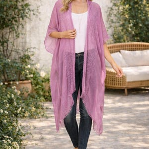 Pink GLITTERED FRINGED Open Front Kimono Bohemian Hippie Cover-Ups cardigan