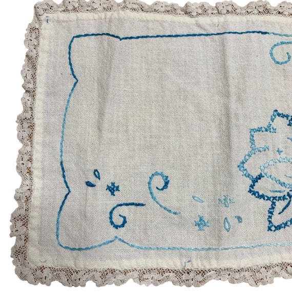 Vintage Handkerchief Blue Floral Cross Stitch Embroid… Gem