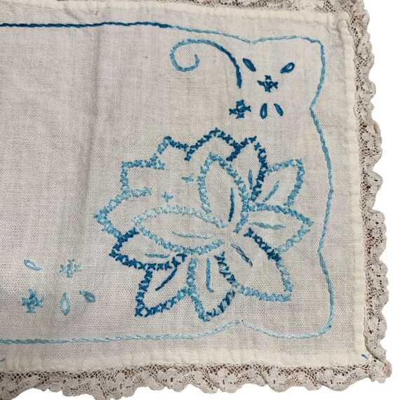 Vintage Handkerchief Blue Floral Cross Stitch Embroid… Gem