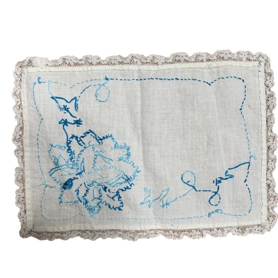 Vintage Handkerchief Blue Floral Cross Stitch Embroid… Gem
