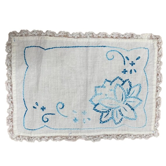 Vintage Handkerchief Blue Floral Cross Stitch Embroid… Gem