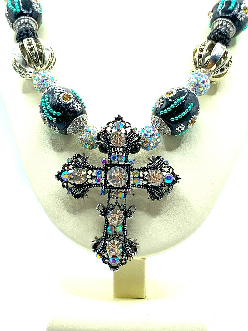 Crystal Cross Necklace, Chunky Beaded Cross Necklace, Black Beaded