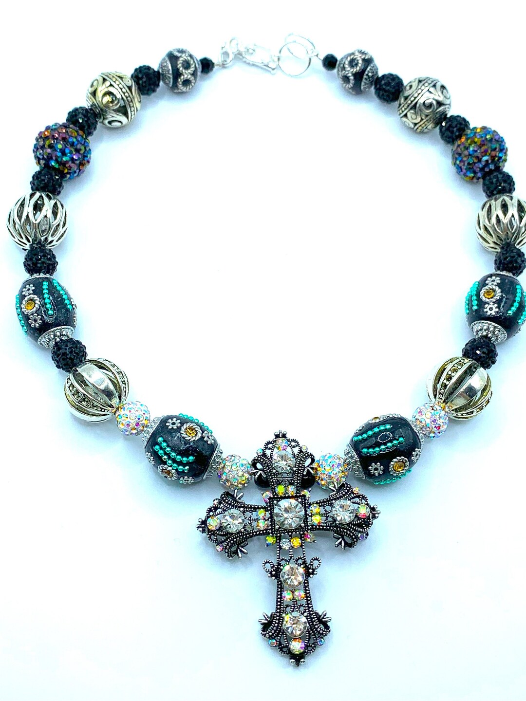 Crystal Cross Necklace, Chunky Beaded Cross Necklace, Black Beaded