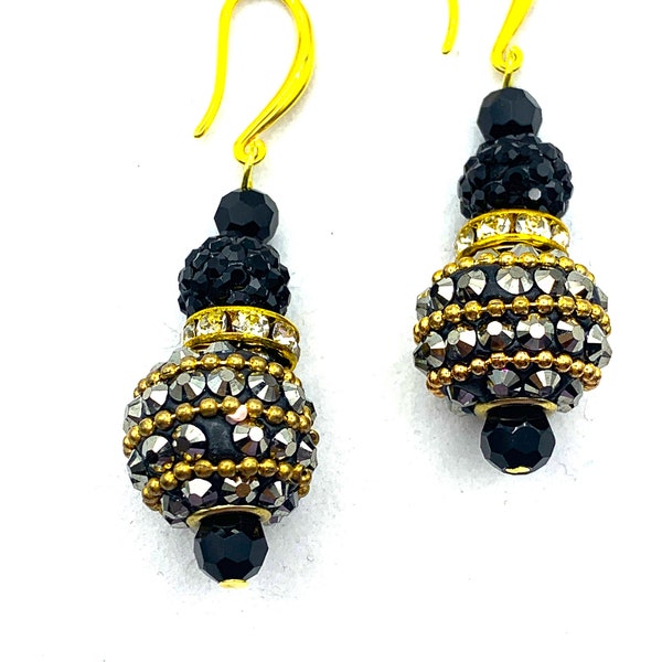 Black Crystal Earrings, Chunky Dangle Earring, Black and Gold Dangles, Party Jewelry, Date Nite Accessories, Gift for Her, Birthday Gift