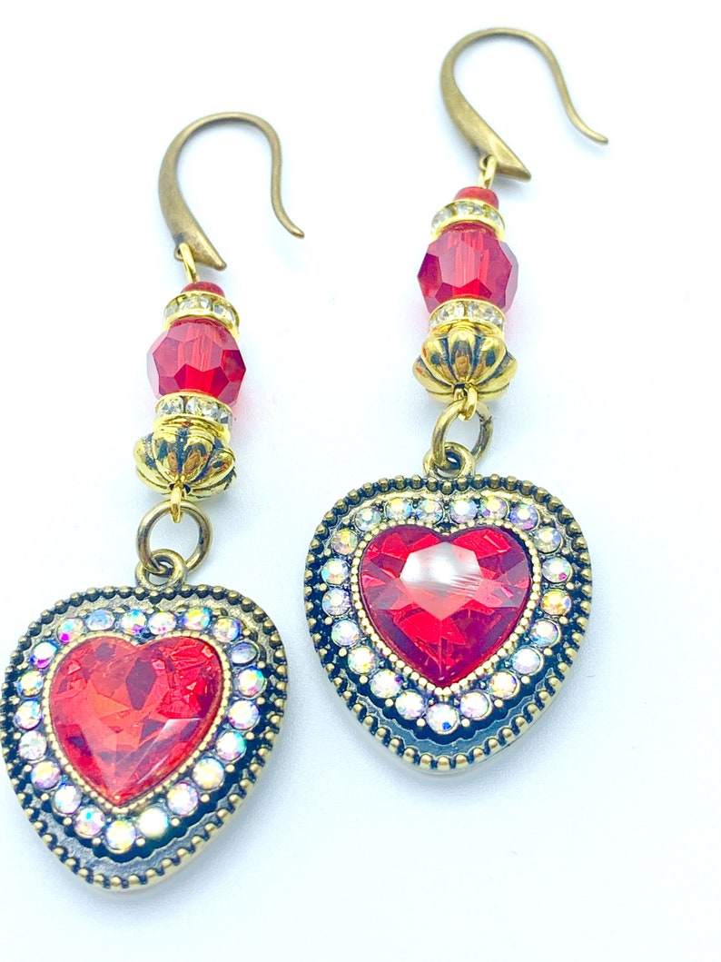 Red Crystal Heart Earrings, Valentine Earrings, Red Dangle Valentine ...