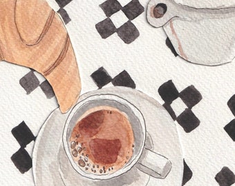 Akvarell frukostkonsttryck, akvarell kaffe och croissanter, konsttryck med kaffeälskare, väggkonst med matillustration, frukostillustration