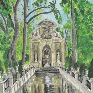 Medici fountain watercolor print, Luxembourg Gardens painting, Paris watercolor print, French garden painting fountain, Paris illustration