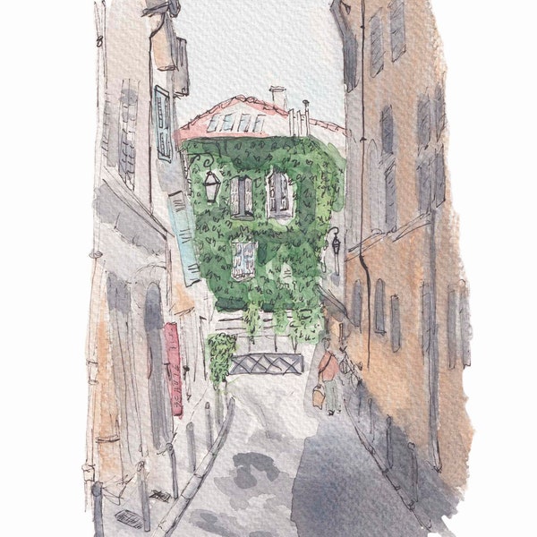 Français aquarelle de rue, aquarelle d’Aix-en-Provence, art provençal, ferme Français style campagnard, noyau de chalet, peinture de rue