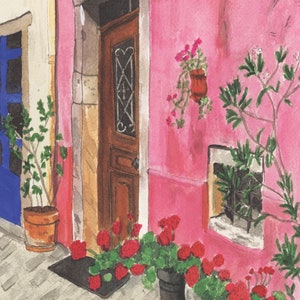 Colmar, Alsace watercolor painting, French country cottage, Alsace painting, pink house art, whimsical watercolor art, French door artwork