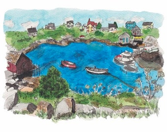 Peggy's Cove painting, Nova Scotia watercolor art print, watercolor landscape print, fishing village, Canada watercolor illustration