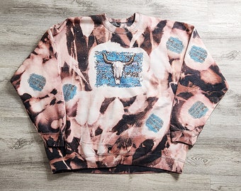 Cow Skull Western Bleached Sweatshirt, Cowboy bleach, Rodeo, Acid Wash Bleached Long Sleeve, Cowboy Cowgirl, Western Long Sleeve
