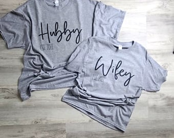 Hubby Wifey Shirts, Honeymoon Shirt, Just Married Shirt, Engagement Shirt, Wedding Shirts, Bridal Gift Engagement, Husband And Wife Shirts