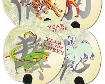 Asian Oriental Chinese Zodiac Horoscope Durable Plastic Paddle Fans, Pack of 12 individual Animal or mixed