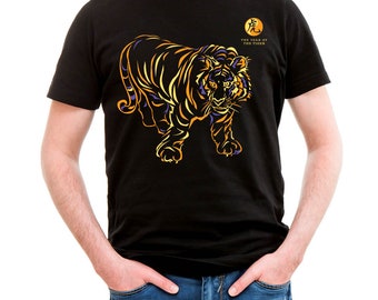 Year of the Tiger Asian Oriental Chinese Zodiac Neon-NRG 100% cotton Black T-Shirt