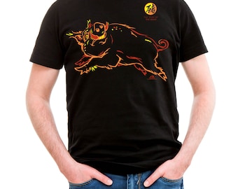 T-shirt Year of the Boar, neon Chinese dierenriem, zwart katoenen T-shirt