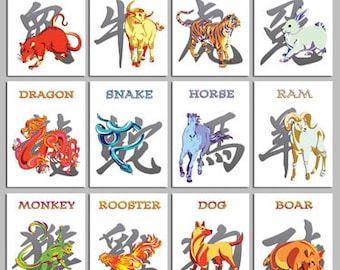 Chinese dierenriemwenskaarten, oosterse horoscoop, nieuw maanjaar, set van 2