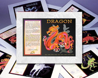 Set van 12 ingelijste posters met Chinese dierenriem, Oosterse dierenhoroscoopkunst (35,5 x 28 cm)