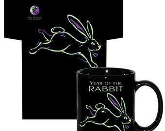Year of the Rabbit T-Shirt & Mug Gift Set, Chinese Zodiac Neon Design
