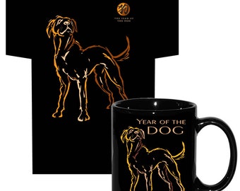 Jaar van de hond-cadeauset, Aziatisch neonontwerp, katoenen T-shirt en mok