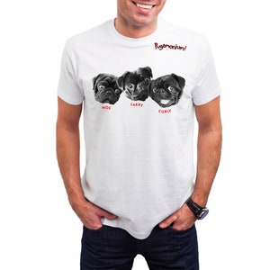 May include: White t-shirt with three black pug faces and the names Moe, Larry, and Curly. The text "Pugamonium!" is printed above the pugs.