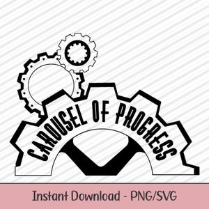 May include: Black and white graphic design of a gear with the text "Carousel of Progress" inside. The gear is made up of smaller gears.