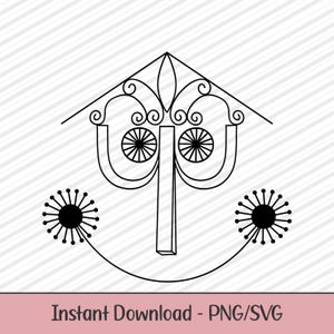 May include: Black and white line art illustration of a stylized lamp with two round lights and a decorative top. The lamp is surrounded by two stylized flowers.
