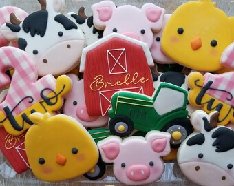 Farm Barnyard Animals Pig Cow Chicken Tractor Plaid Birthday Sugar Cookies