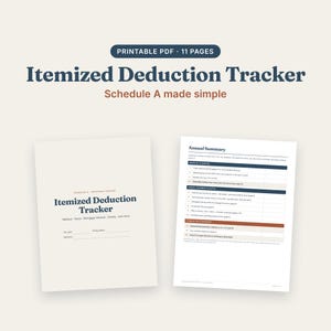 Puede incluir: Un rastreador de deducciones detalladas en PDF imprimible de 11 páginas. El documento incluye una portada titulada Itemized Deduction Tracker y una página de resumen anual con secciones para gastos médicos, dentales e impuestos.