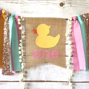 PInk and Yellow Birthday Girl Rubber Ducky Highchair Banner Ruber Ducky Cake Smash Rubber Ducky Invite Rubber Ducky Birthday