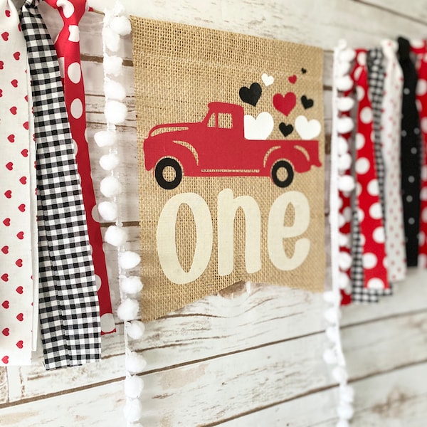 Valentines Highchair Banner, February Birthday Banner, Lovebug Highchair, Red and Black Cake Smash, Truck birthday, Heart Breaker Birthday