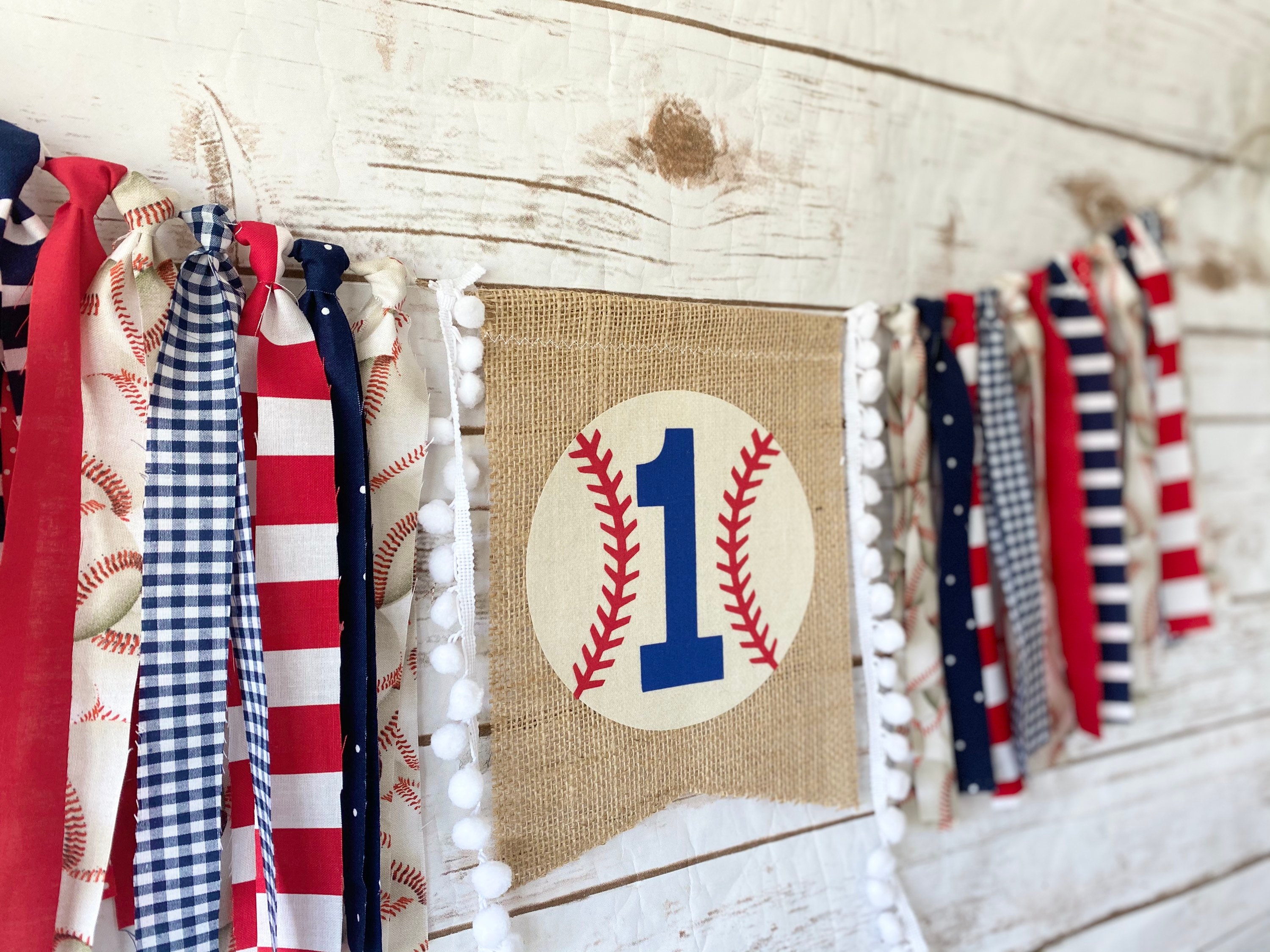 LaVenty Set Of 2 Baseball First Birthday Banners - Fabric Highchair & Wall Decor, Number One Cake Topper