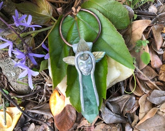 Nature Spirit on Green Fluorite with Carved  Labradorite leaves and a Labradorite