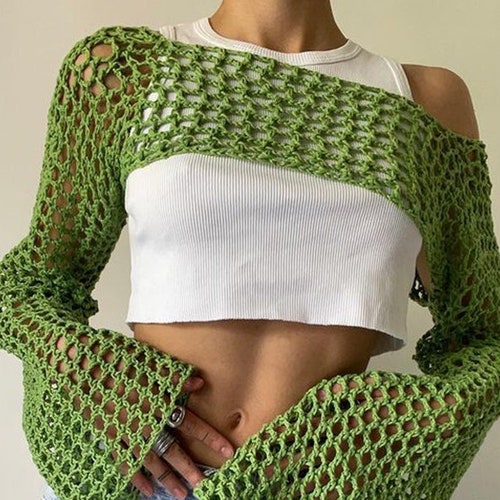 Y2k Crochet Bolero Shrug Arm Sleeve Knitted Crop Top Hollow - Etsy