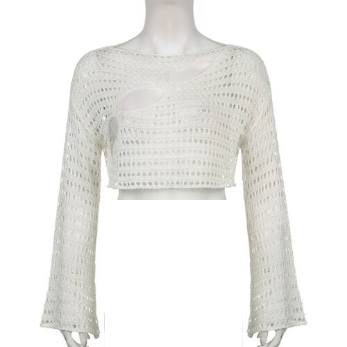 Y2K Hollow Out Long Flared Sleeve Crochet Knitted Crop Tops - Etsy