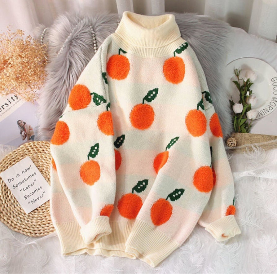 Orange Fruit Knit Sweater Turtleneck Crewneck Knitted Pullover - Etsy UK