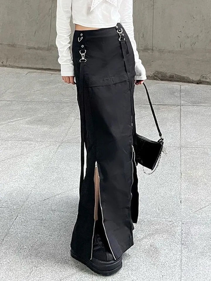 Y2K Aesthetic Gothic High Waist Zipper Slit Cargo Long Skirt - Etsy UK