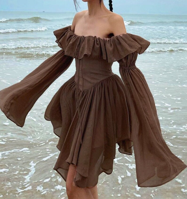 Brown Corset Style Dress off Shoulder Flare Sleeves Pleated Etsy