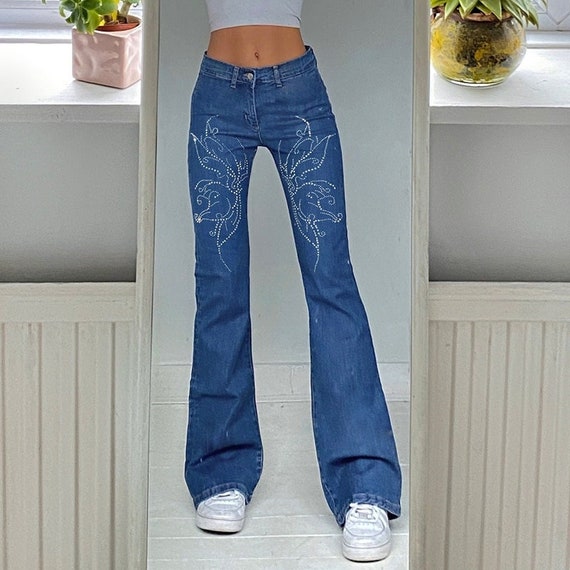 Y2K Farfalla Strass Stampato Flared Jeans Donna Vita Bassa | Etsy Italia