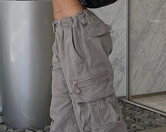 Vintage Large Pocket Baggy Cargo Jeans 90s Streetwear Loose Denim Trousers Harajuku Jogger Pants Women's Clothing
