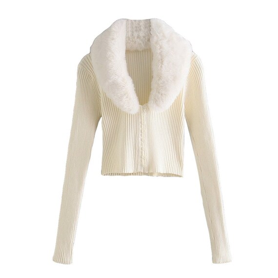 Faux Fur Collar Knit Cardigan Y2K 