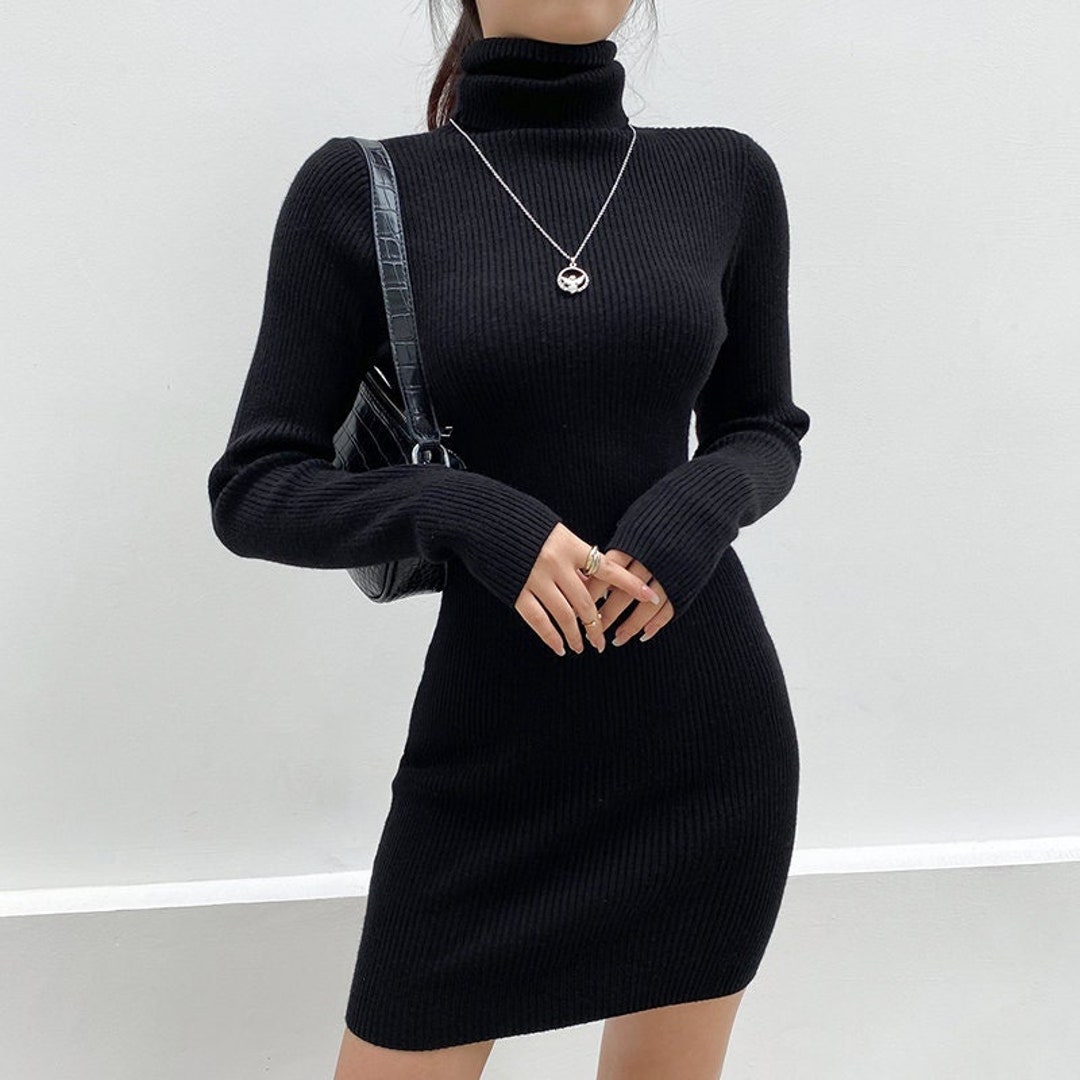 Black White Jumper Dress Long Sleeve Knitted Bodycon Dress Etsy UK